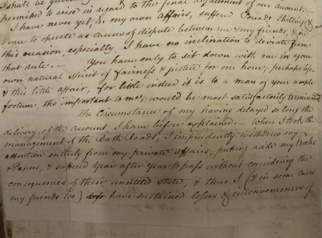 Excerpt from letter by Benjamin Wingrove to John Thomas of Prior Park (Bath Record Office Acc446)