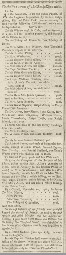 Letter about Ralph Allen’s will, Bath Chronicle, 23 August 1764