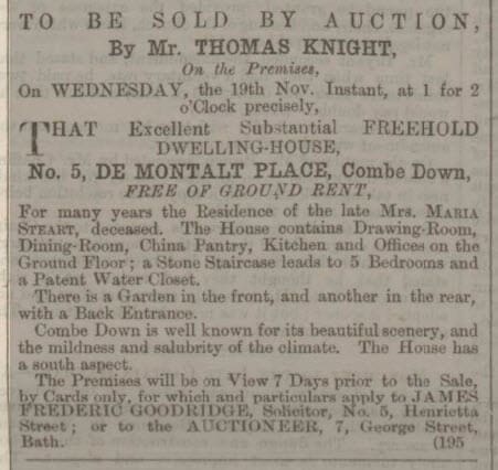 5 De Montalt Place for sale - Bath Chronicle and Weekly Gazette - Thursday 6 November 1862