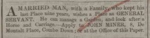 John Miner of 8 De Montalt place seeks work - Bath Chronicle and Weekly Gazette - Thursday 4 November 1852