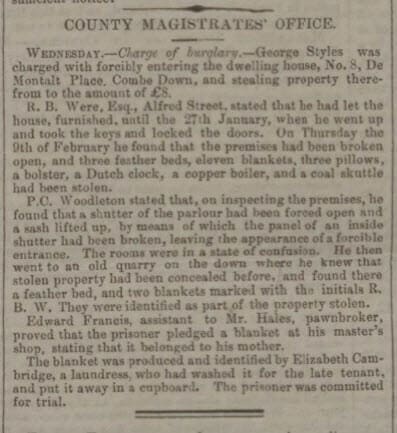 Mr Were burgled at 8 De Montalt Place - Bath Chronicle and Weekly Gazette - Thursday 1 March 1855