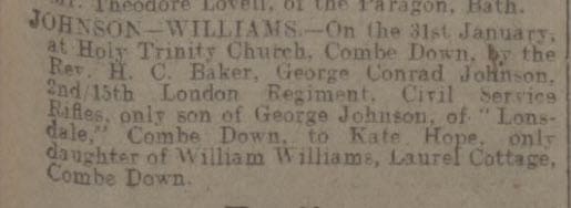 George Conrad Johnson marriage - Bath Chronicle and Weekly Gazette - Saturday 5 February 1916