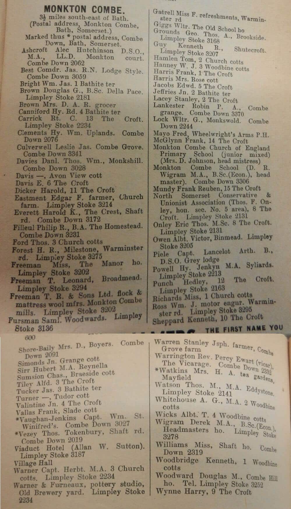 1950 PO Directory Monkton Combe