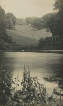 Prior Park lake, bridge and house, early 1900s