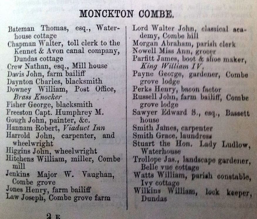 1860 Post Office Directory for Monkton Combe