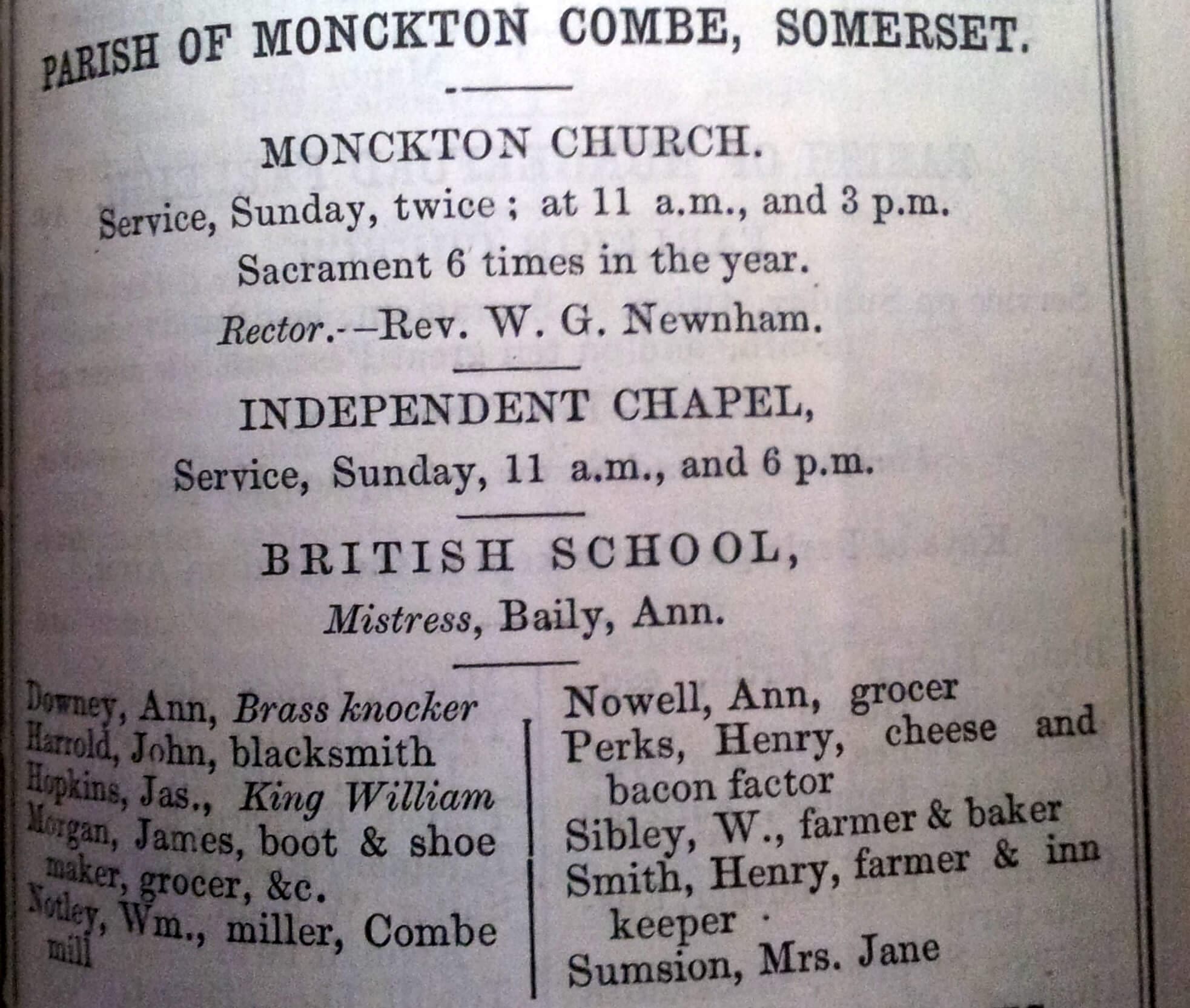 Monkton Combe Post Office Directory 1854