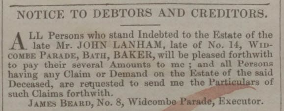 John Lanham death and debtors or creditors - Bath Chronicle and Weekly Gazette - Thursday 9 April 1846