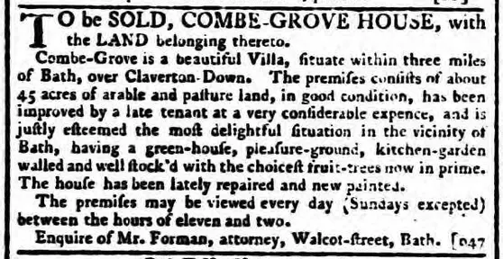combe grove from the bath chronicle thursday 22 november 1781