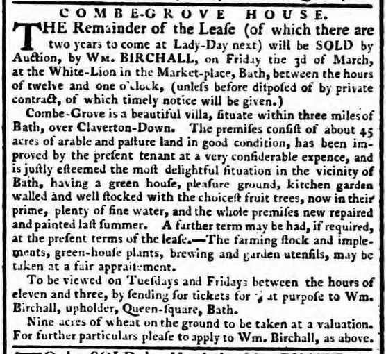 combe grove manor from the bath chronicle thursday 17 february 1780