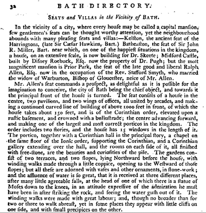 Description of Prior Park, Bath Guide 1792, with reference to Rev. Stafford Smith