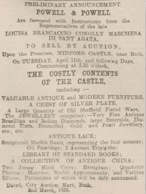 midford castle contents auction bath chronicle thursday 2 march 1899