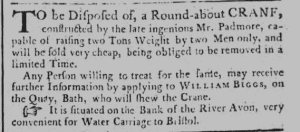 Padmore's crane for sale - Bath Chronicle and Weekly Gazette - Thursday 31 August 1769