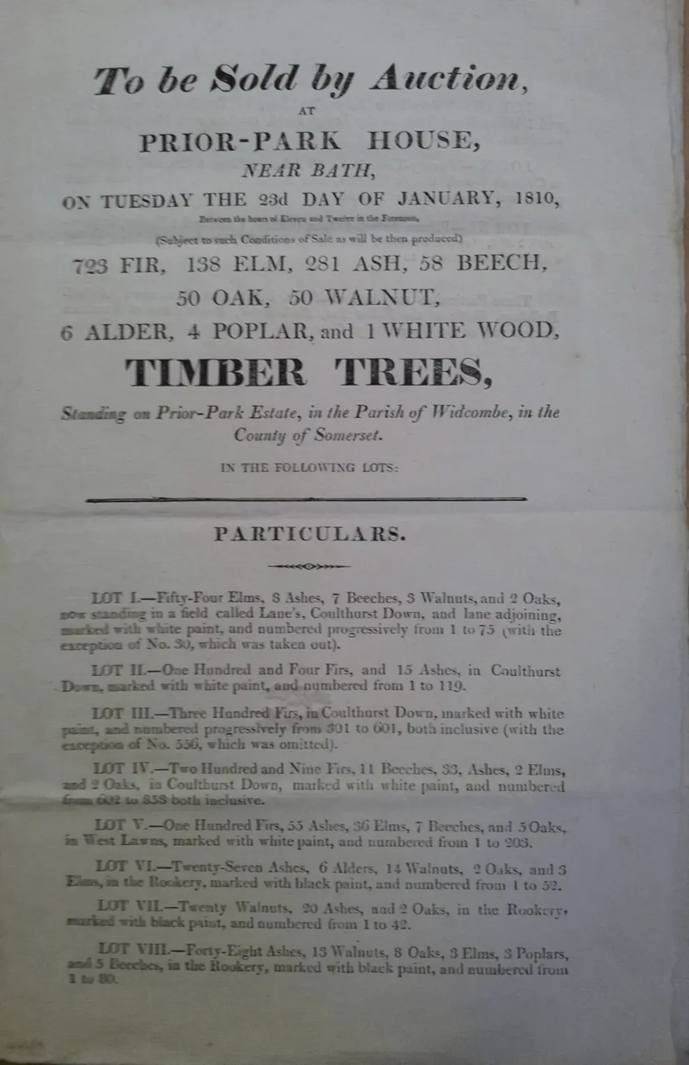 page 1 of prior park timber sale catalogue 1810