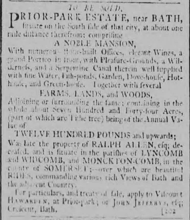 prior park for sale in 1797 bath chronicle and weekly gazette thursday 24 august 1797