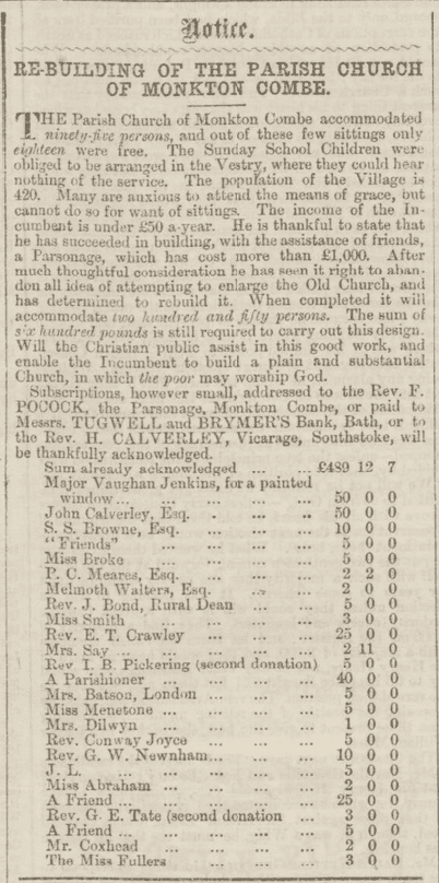 Rebuilding Monkton Combe church from the Bath Chronicle, Thursday 1 September 1864