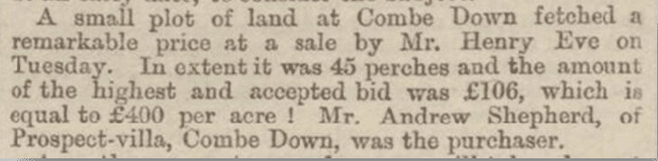 Andrew Shepherd buys some land, Bath Chronicle, Thursday 10 April 1873