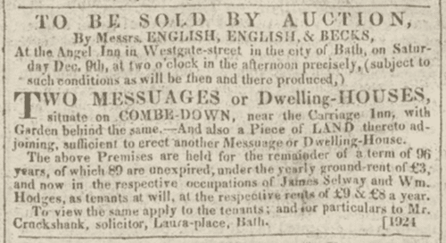 Auction for 2 houses on Combe Down, Bath Chronicle, Thursday 7 December 1820