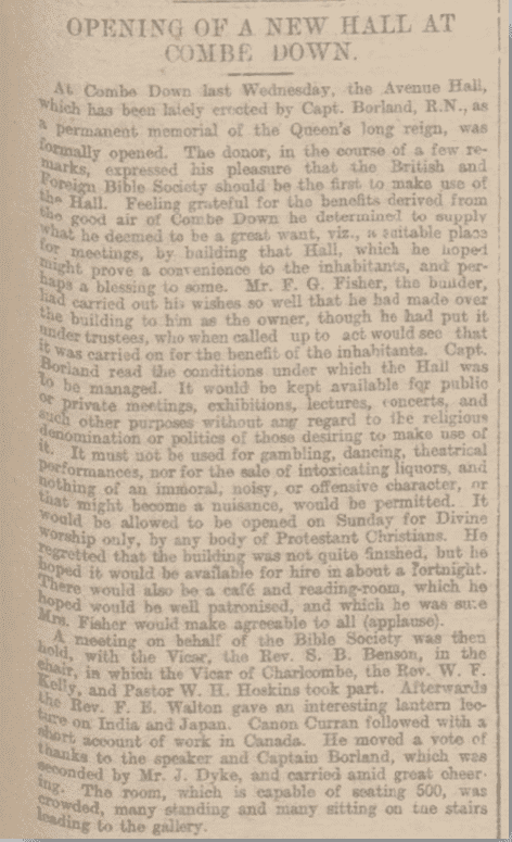 Avenue Hall opening, Bath Chronicle, Thursday 21 October 1897