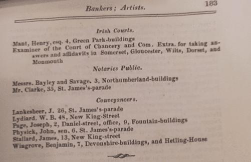 Benjamin Wingrove & William Bye Lidiard, Bath Directory 1821