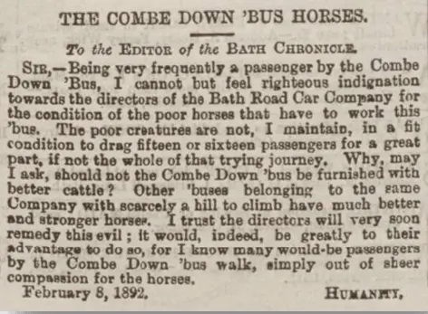 Combe Down bus horses, Bath Chronicle, Thursday 11 February 1892
