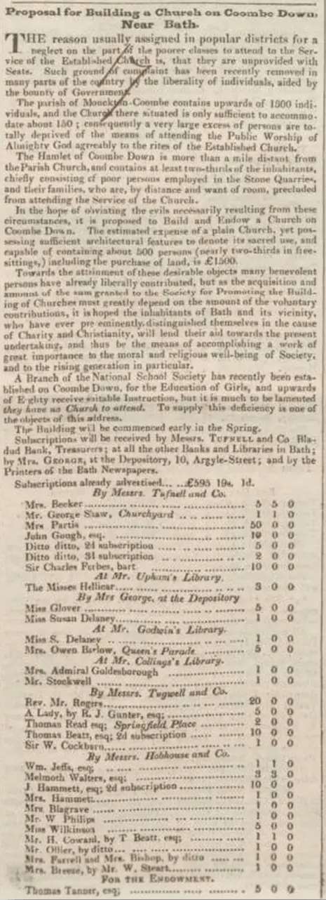 combe down church proposal bath chronicle thursday 1 march 1832