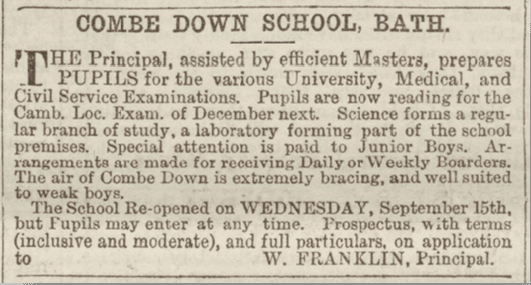 Combe Down School, Bath Chronicle, Sunday 11 April 1886 Combe Down School, Bath Chronicle, Sunday 11 April 1886