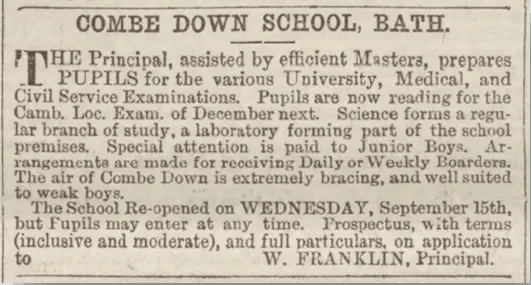 Combe Down School, Bath Chronicle, Sunday 11 April 1886