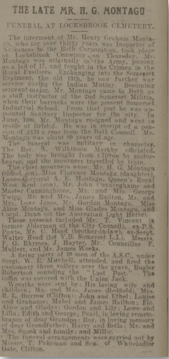 Henry Graham Montague funeral, Bath Chronicle, Saturday 1 April 1916