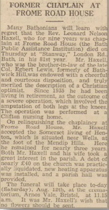 Leonard Haxell obituary, Bath Chronicle, Saturday 12 August 1939