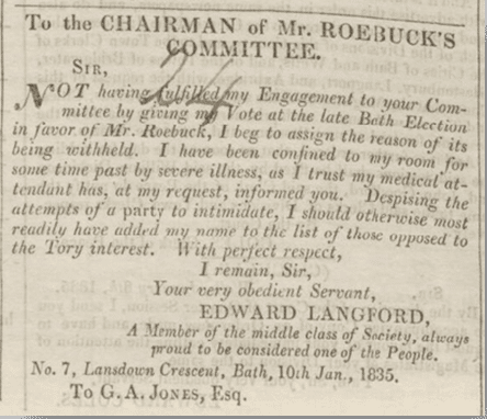 Letter from Edward Langford, Bath Chronicle, Thursday 15 January 1835