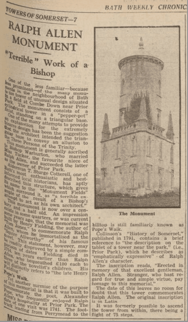 Ralph Allen monument, Bath Chronicle, Saturday 5 March 1938