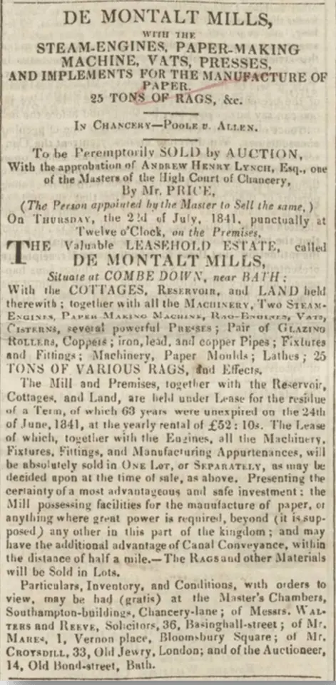 sale of de montalt mill bath chronicle thursday 8 july 1841