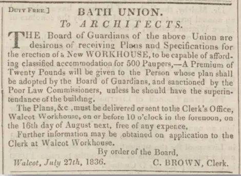 tender for new workhouse bath chronicle thursday 28 july 1836