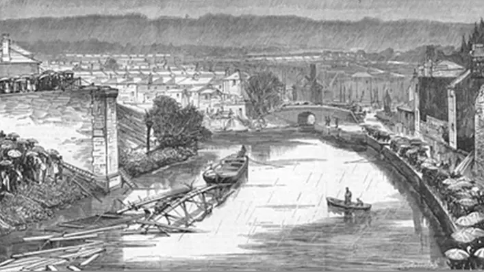 The fall of Widcombe Bridge at Bath after the accident, from The Graphic