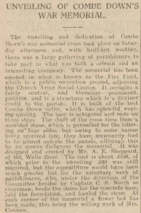 unveiling of combe down cross bath chronicle saturday 28 may 1921
