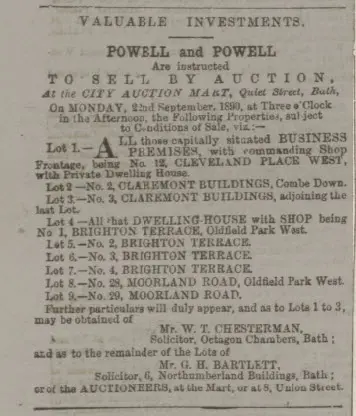 2 3 claremont buildings auction notice bath chronicle and weekly gazette thursday 4 september 1890