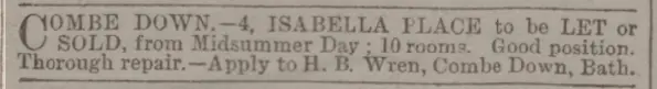 4 Isabella Place, Combe Down, Bath to be let or sold in Bath Chronicle and Weekly Gazette - Thursday 12 May 1881
