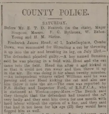 Frederick James Head of 1 Isabella Place, Combe Down, Bath summoned for ill treating a cat in Bath Chronicle and Weekly Gazette - Thursday 17 August 1899