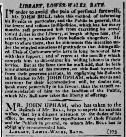 John Upham takes over John Bull's business - Bath Chronicle and Weekly Gazette - Thursday 12 April 1804