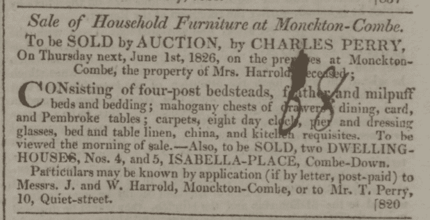 Sale of 4 & 5 Isabella Place property of Mrs. Harrold, deceased in Bath Chronicle and Weekly Gazette - Thursday 1 June 1826 Sale of 4 & 5 Isabella Place property of Mrs. Harrold, deceased in Bath Chronicle and Weekly Gazette - Thursday 1 June 1826