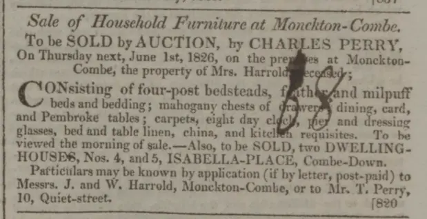 Sale of 4 & 5 Isabella Place property of Mrs. Harrold, deceased in Bath Chronicle and Weekly Gazette - Thursday 1 June 1826
