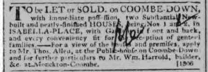 William Harrold letting or selling 1 & 2 Isabella Place - Bath Chronicle and Weekly Gazette - Thursday 25 June 1812