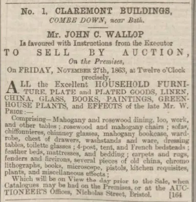 william price sale of contents of 1 claremont buildings for sale bath chronicle and weekly gazette thursday 19 november 1863