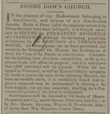appeal for funds for combe down parsonage bath chronicle and weekly gazette thursday 25 may 1837