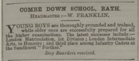 Combe Down School advert - Bath Chronicle and Weekly Gazette - Thursday 2 March 1893