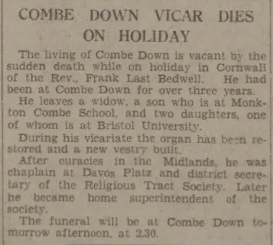 death of rev frank last bedwell western daily press wednesday 25 august 1937