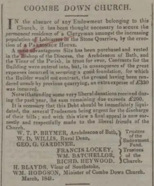 Further appeal for funds for Combe Down Parsonage - Bath Chronicle and Weekly Gazette - Thursday 18 March 1841