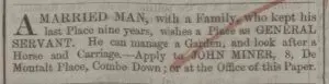 john miner of 8 de montalt place seeks work bath chronicle and weekly gazette thursday 4 november 1852 300x77