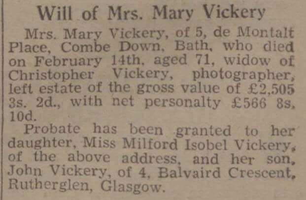 Mary Vickery's will - Bath Chronicle and Weekly Gazette - Saturday 20 May 1939