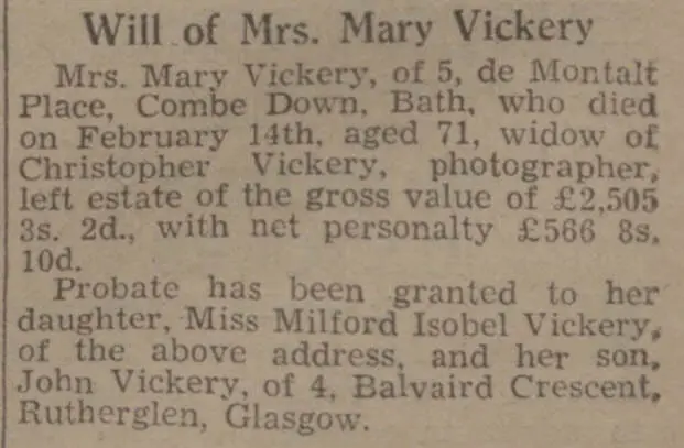 mary vickery will bath chronicle and weekly gazette saturday 20 may 1939